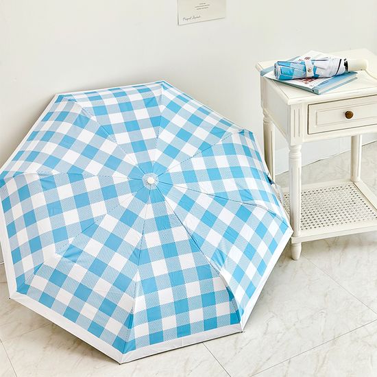 하모시 블루 체크패턴 자외선 차단 미니 자동 양우산