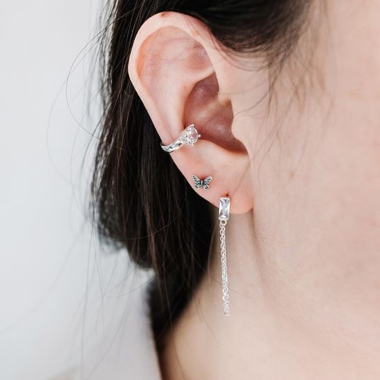 실버925 스퀘어 큐빅 체인 귀걸이 로즈골드 도금