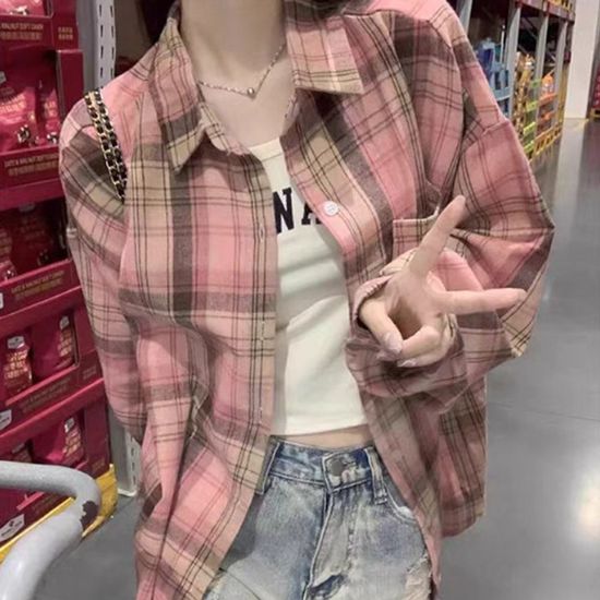 여성 가을 겨울 핑크 체크 셔츠 HH-E62(WFFQFLO)