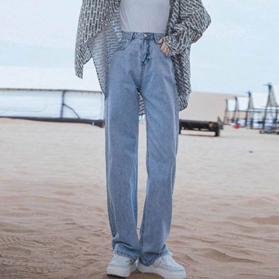 남녀공용 연청 하이웨스트 와이드 롱 청바지 P0000TCR