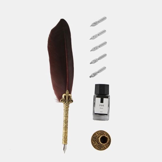 4종 구스 깃털펜 잉크 만년필 세트(다크브라운)