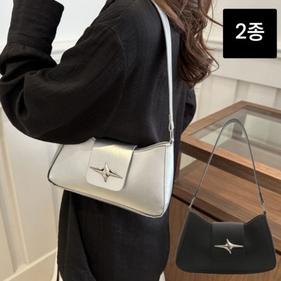 여성 실버장식 바게트 숄더백 실버 블랙 가방