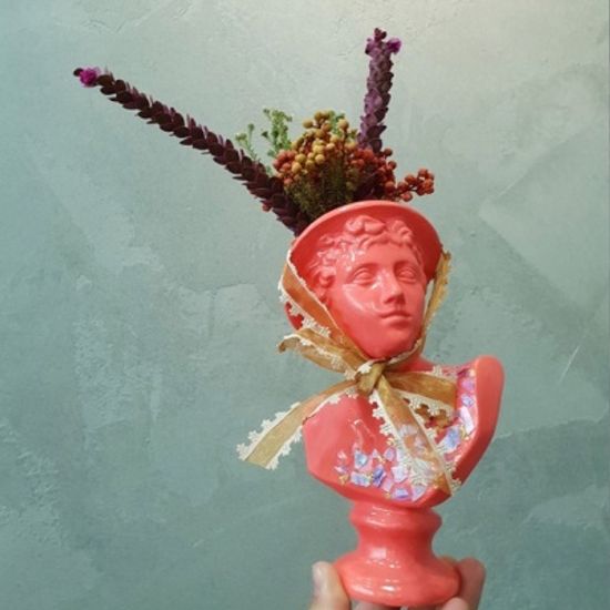 자개 아트 핑크 소형 미니 석고상화분 20cm+리본2개