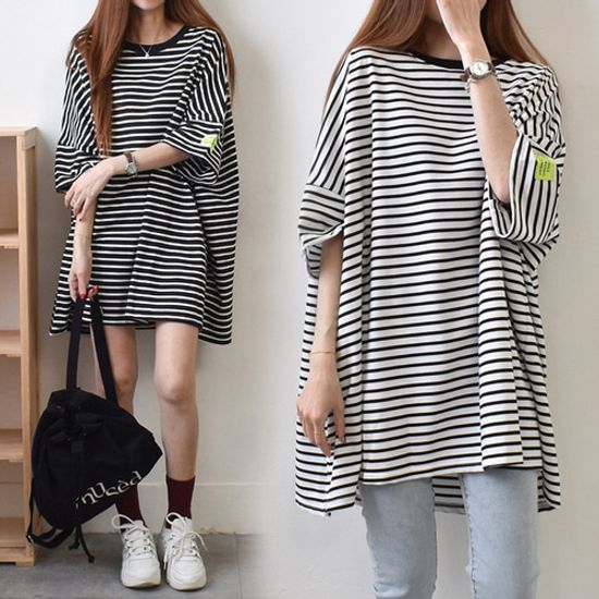 스트라이프 여성 롱 반팔티