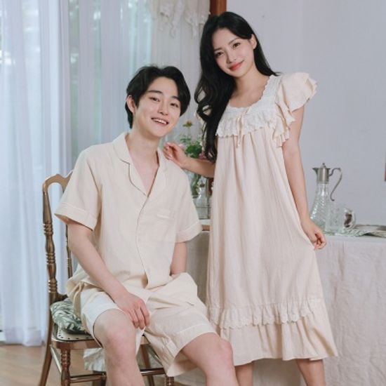 순면 도비면 소재 레브 커플 원피스 잠옷 홈웨어