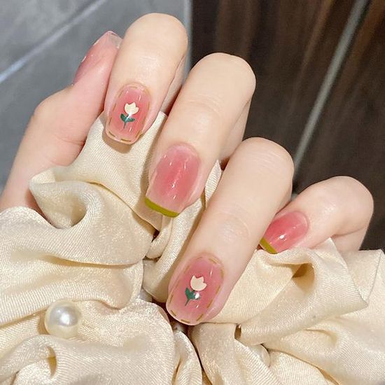 수채화 핑크 플라워 붙이는 네일팁 [24tips]