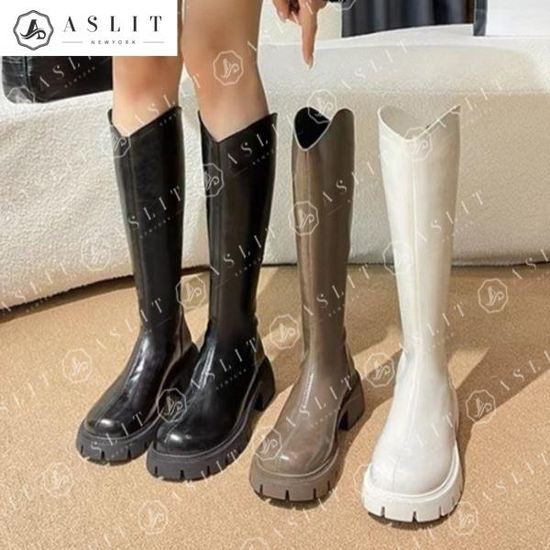 [애슬릿]키 높이 통굽 6cm V 컷 뒷 지퍼 워커 롱 부츠