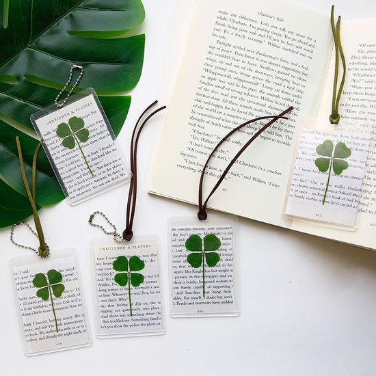 네잎클로버 생화 코팅 키링 영문 책갈피 카드 크로바