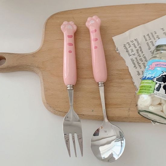 꾹꾹호랑 휴대용 숟가락 포크 세트 디저트숟가락 핑크