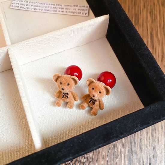 큐트 벨벳 리본 곰돌이 캐릭터 레드 왕볼 패션 귀걸이