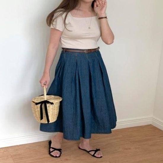 Tak Denim Pleated Long Skirt