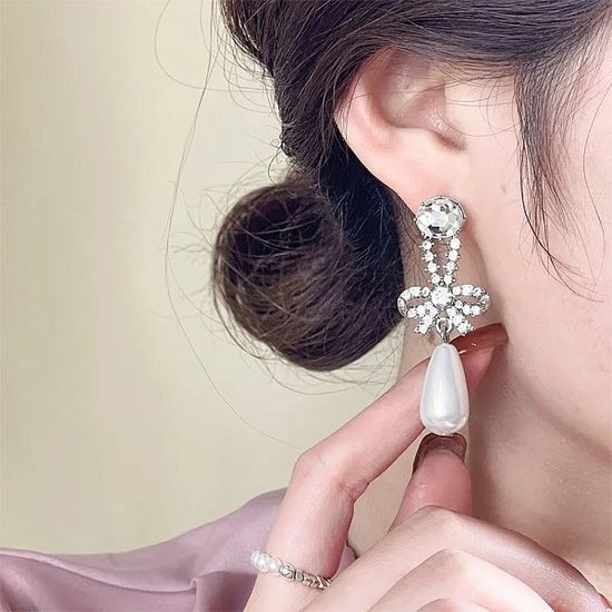 예쁜 큐빅 리본 물방울 진주 드롭 귀걸이 패션 귀고리
