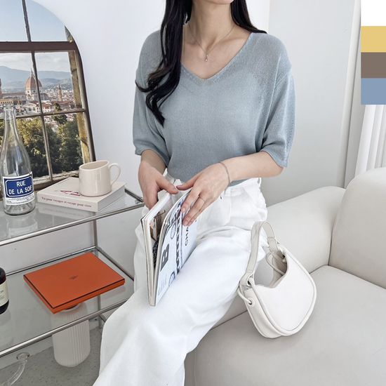 골피아 여자 린넨 브이넥 루즈핏 반팔 니트 여성