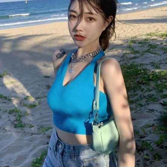 무지 스판 홀터넥 넥 크롭 나시티