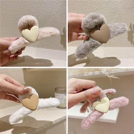 귀여운 하트 밍크 털 퍼 빅 집게핀 예쁜 겨울 헤어 핀