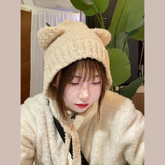 여성 겨울 귀여운 곰돌이 고양이 귀 비니 니트 모자