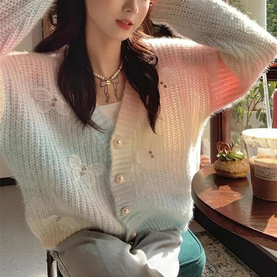 여성 가을 겨울 나비패치 펄니트 멀티배색 가디건