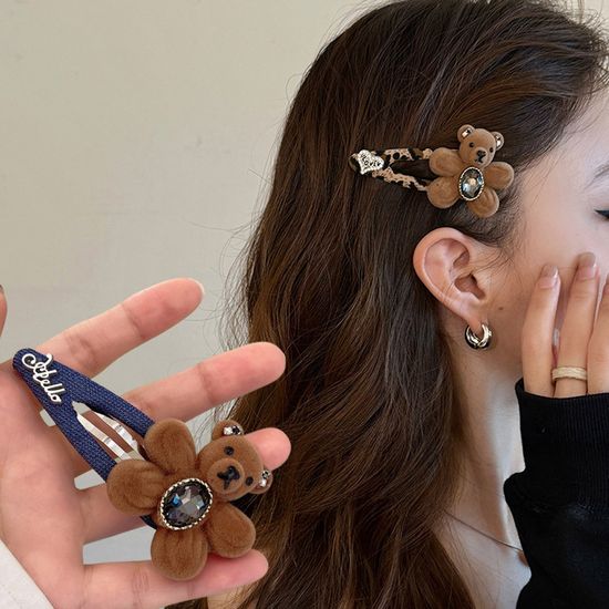 곰돌이 큐빅 뚝딱핀 머리핀 벨벳 옆 앞머리 헤어핀 삔