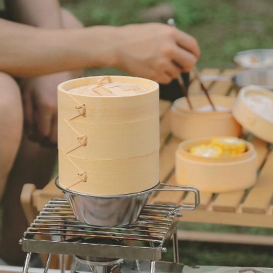 캠핑 2단 대나무 미니 새우+만두 찜기세트 2size