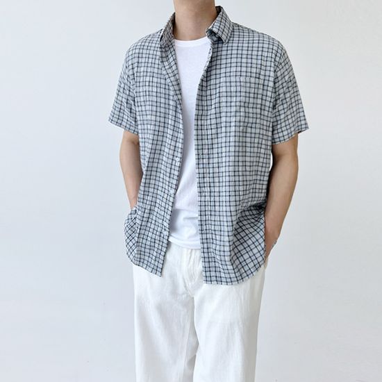 골피아 남자 시어서커 스판 오버핏 여름 체크 반팔