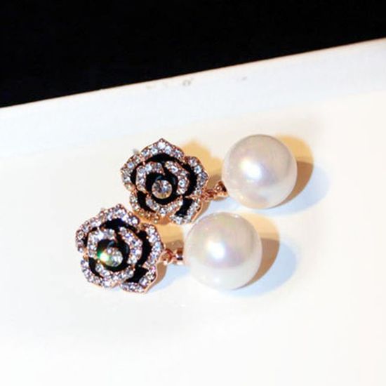 블랙 라인 큐빅 로즈 진주 혼주 귀걸이(WC88955)