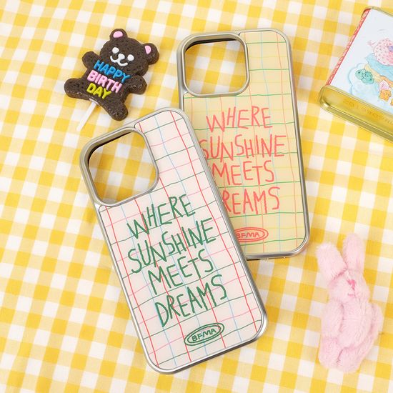 선샤인 옐로우 체크 실버 글라스 폰케이스