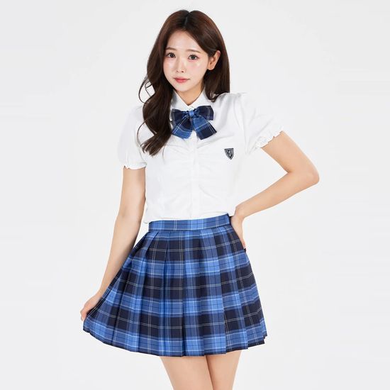 화이트 뒷리본 반팔퍼프 블라우스 체크치마 세라복 교