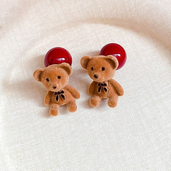 큐트 벨벳 리본 곰돌이 캐릭터 레드 왕볼 패션 귀걸이