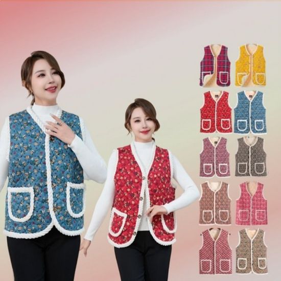 김장 꽃무늬 단추 보온 누빔 트윗 융털 조끼 10컬러