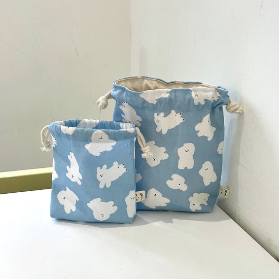 비숑 손그림 패턴 끈파우치 / 스카이블루 S