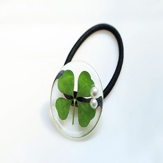 네잎크로바 생화 진주 머리끈 클로버 헤어끈(WCDEC35)