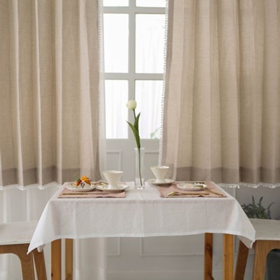 레브 무지 폼폼 커튼-베이지