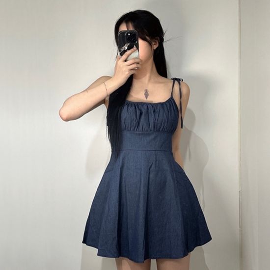 여성 데님 청 셔링 플레어 끈 나시 미니 원피스 3종