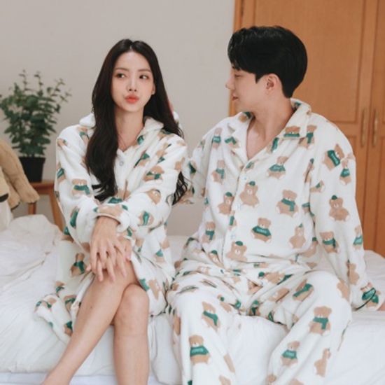 김양메이드 극세사 곰돌이 커플잠옷 원피스 파자마