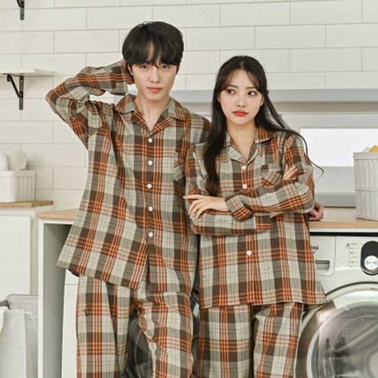 기모면 캐러맬 체크 커플 잠옷 파자마