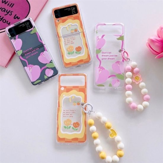 갤럭시Z플립 4 3 나비 플라워 비즈 스트랩 투명케이스