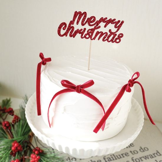 크리스마스 레드 리본 케이크 토퍼 세트