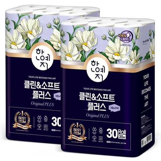 한예지 클린앤소프트 플러스 3겹 30M 30롤 × 2팩