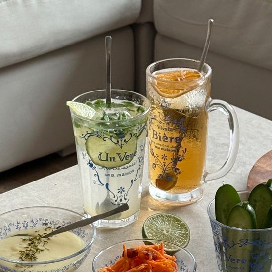 마메종 블루로즈 손잡이 맥주잔, 비어 글라스 450ml 