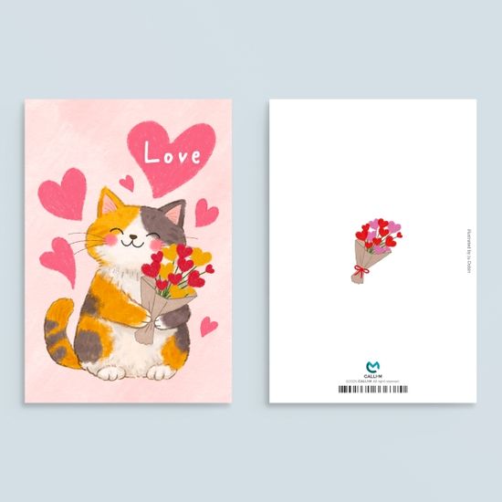 캘리엠 캘리그라피카드 LOVE(고양이와 꽃다발) 고양이