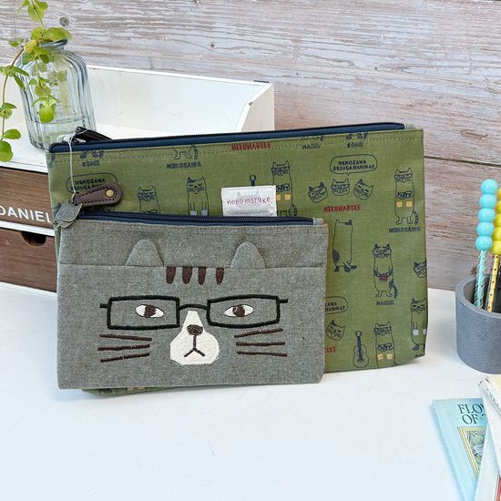 쿠스구루 네코마루케 사각 파우치 세트 그린 카키