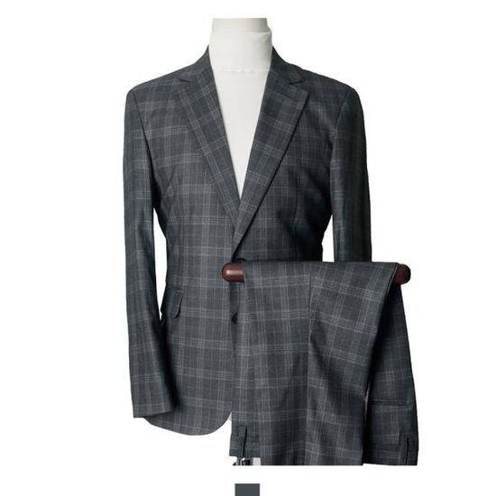 남자 싱글 정장 세트 체크 차콜 그레이 스판 슈트 편