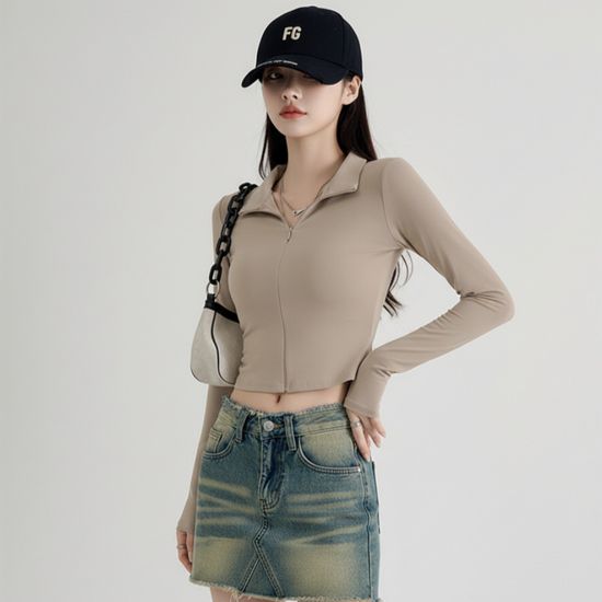 여성 크롭 세미 지퍼 슬림핏 긴팔 반폴라 티셔츠