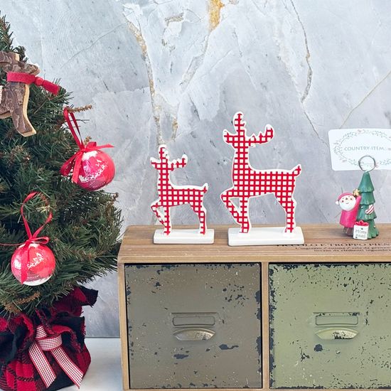 레드 체크 사슴 도자기 장식 인형 2p set