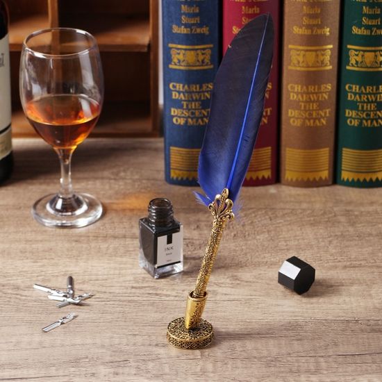 4종 골드구스 깃털펜 잉크 만년필 세트(네이비)