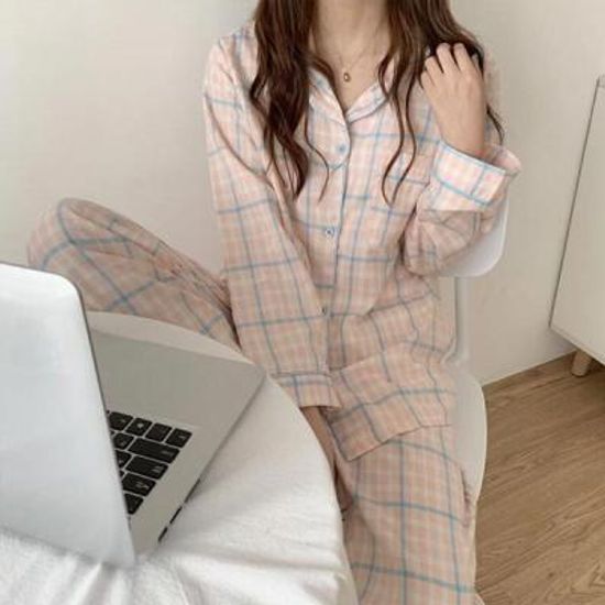 덴크롱 여성잠옷 체크 긴팔 홈웨어 파자마세트