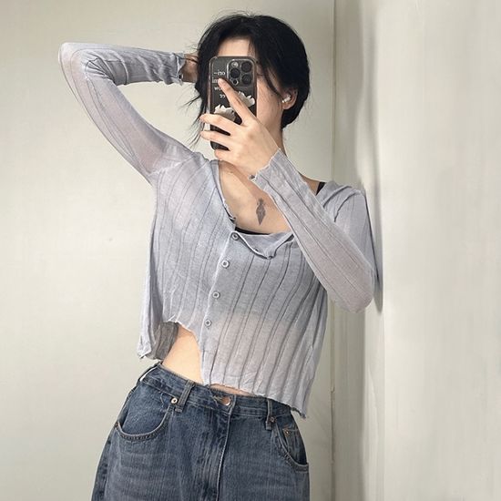 여성 시스루 사선 버튼 크롭 얇은 여름 가디건 3color
