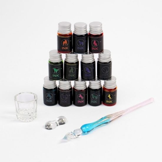 크리스탈 12색 펄잉크병 유리만년필 세트 글라스 딥펜