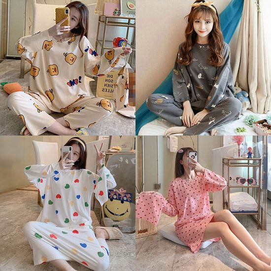 여자 가을 긴팔 잠옷 상하의 세트 원피스(WD38551)