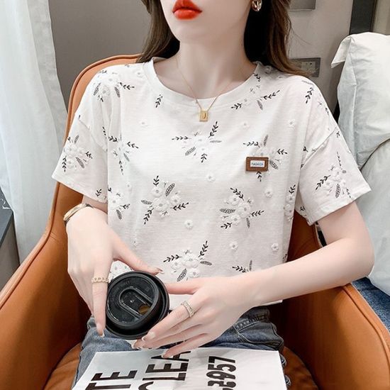 입체 화이트 플라워 루즈핏 반팔 티셔츠 코튼 반팔티
